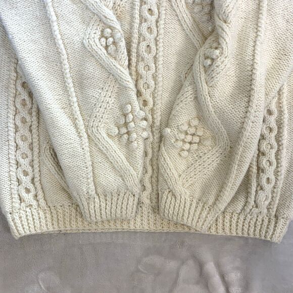 Vintage Handmade Aran Wool Sweater Women’s L Cable Knit Bobble Stitch Fisherman - Picture 4 of 8